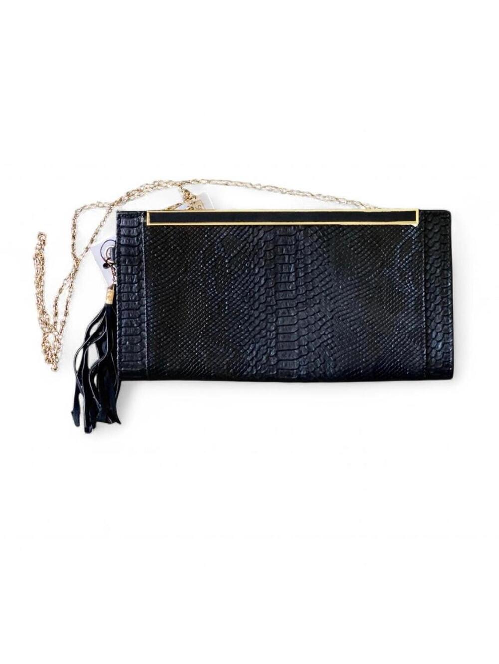 Black Faux Snakeskin Clutch with Gold Chain and Tassel